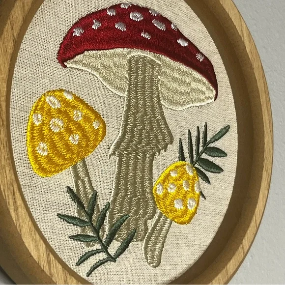 Mushroom Wall Decor Hanging Stitched Framed 8” Boho Cottagecore Farmhouse Hippie - Picture 4 of 5
